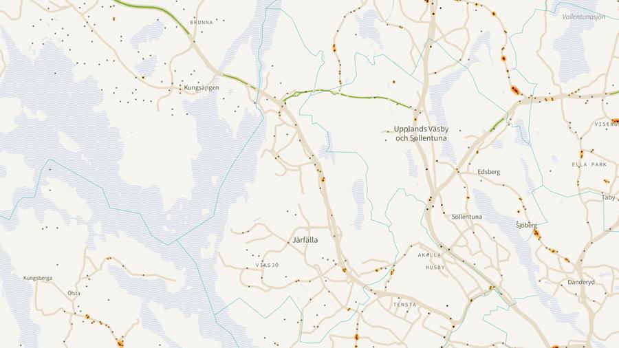 Viltolyckornas fördelning i Järfälla kommun