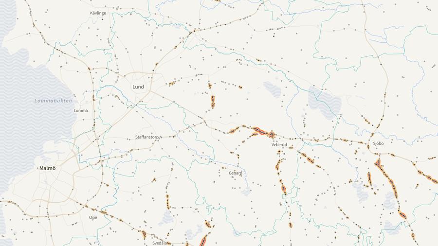 Viltolyckornas fördelning i Lunds kommun