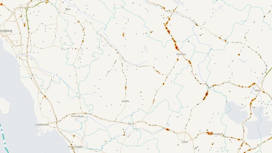 Viltolyckornas fördelning i Svalövs kommun