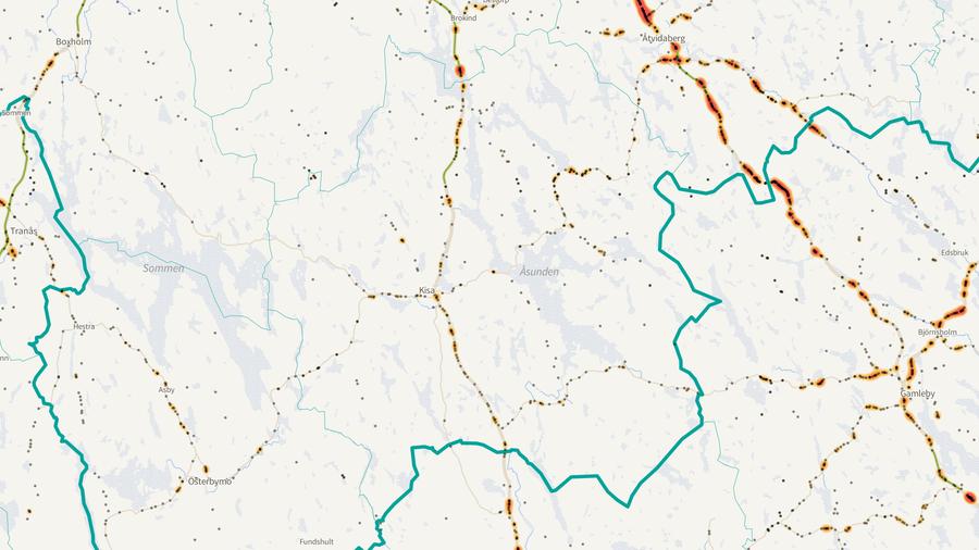 Viltolyckornas fördelning i Kinda kommun