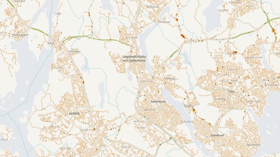 Viltolyckornas fördelning i Sollentuna kommun