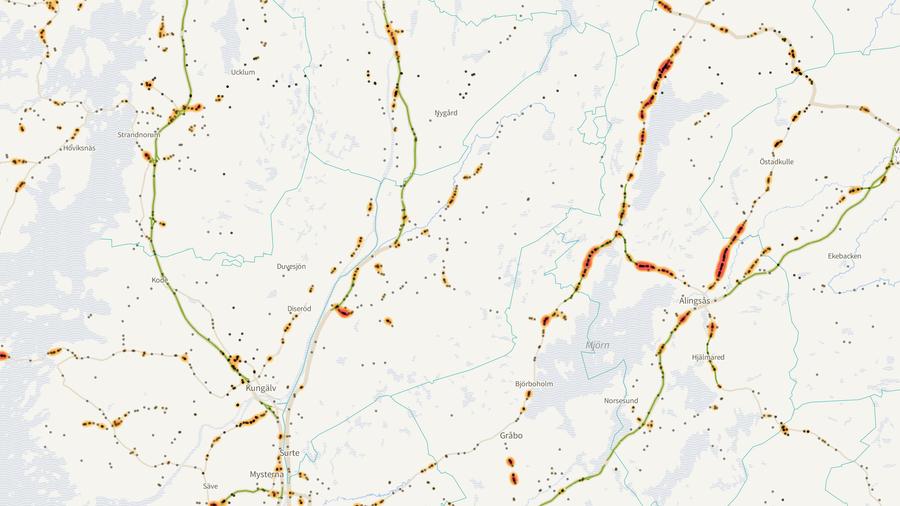 Viltolyckornas fördelning i Ale kommun
