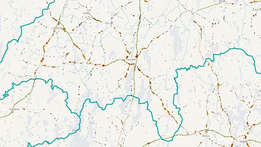Viltolyckornas fördelning i Värnamo kommun