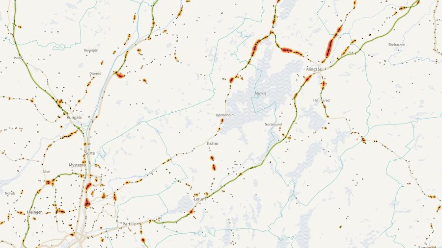 Viltolyckornas fördelning i Lerums kommun