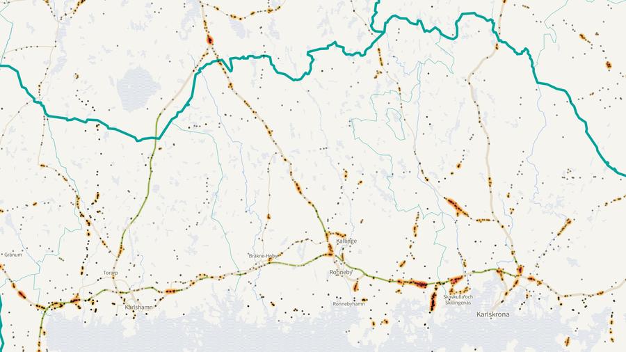 Viltolyckornas fördelning i Ronneby kommun