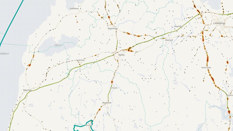 Viltolyckornas fördelning i Mjölby kommun