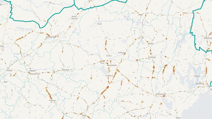Viltolyckornas fördelning i Hässleholms kommun