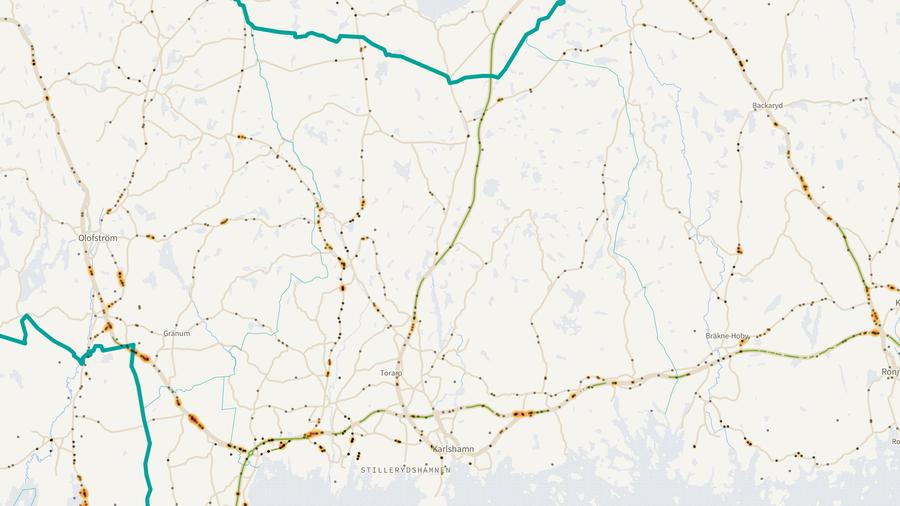 Viltolyckornas fördelning i Karlshamns kommun
