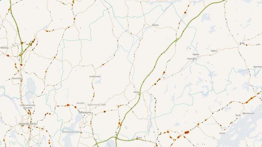 Viltolyckornas fördelning i Vallentuna kommun
