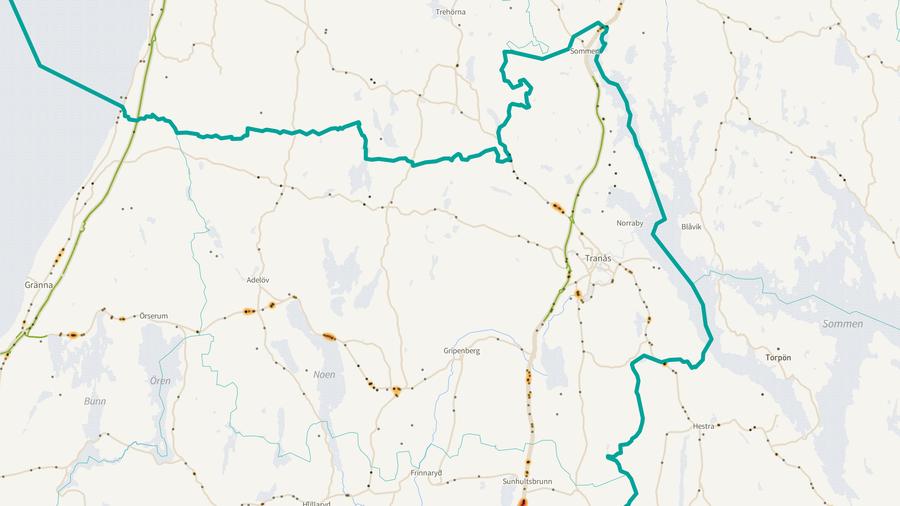 Viltolyckornas fördelning i Tranås kommun