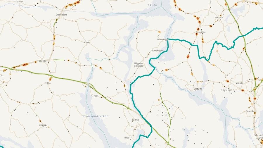 Viltolyckornas fördelning i Håbo kommun