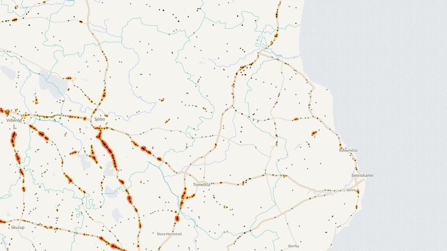 Viltolyckornas fördelning i Tomelilla kommun