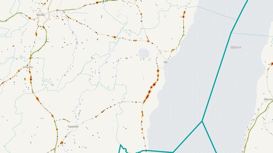 Viltolyckornas fördelning i Hjo kommun
