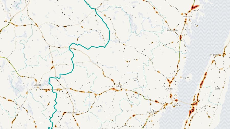 Viltolyckornas fördelning i Nybro kommun
