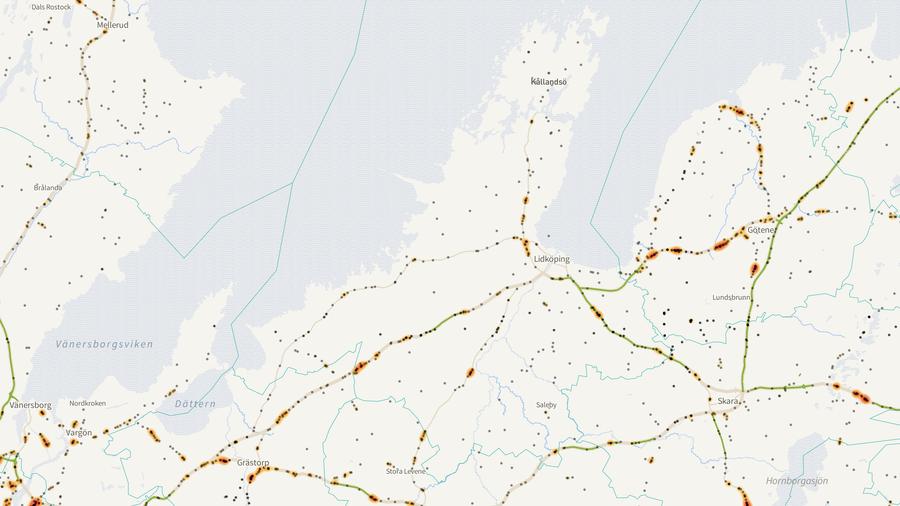 Viltolyckornas fördelning i Lidköpings kommun