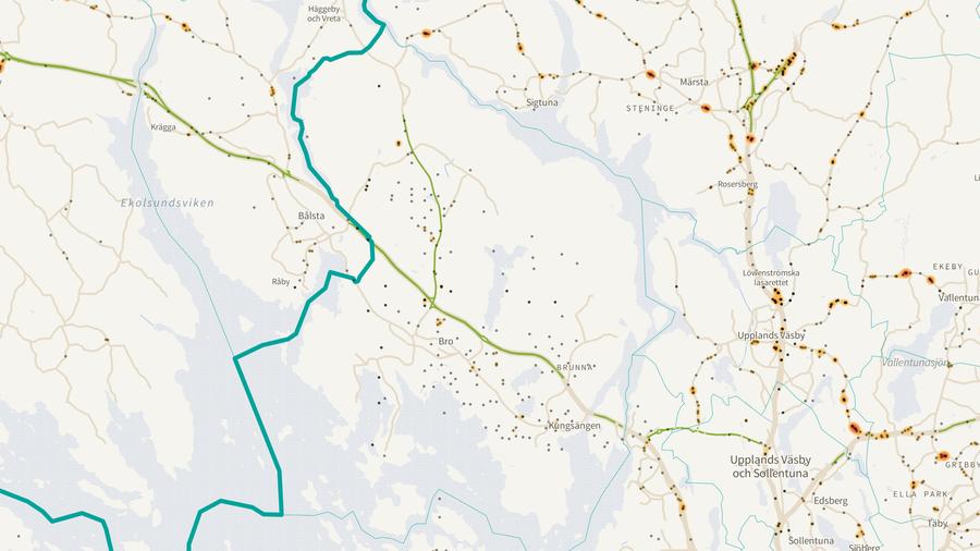 Viltolyckornas fördelning i Upplands-Bro kommun
