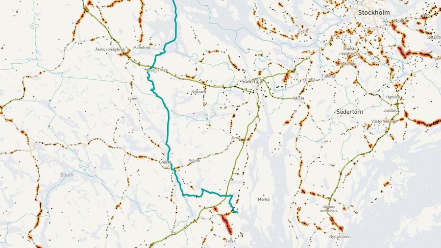 Viltolyckornas fördelning i Södertälje kommun