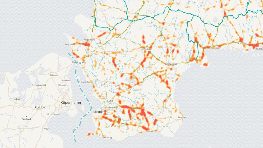 Viltolyckornas fördelning i Skåne län