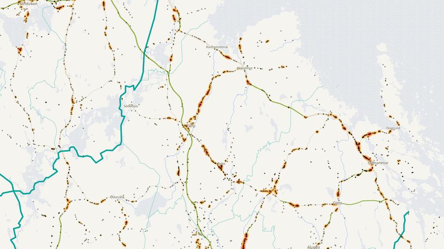 Viltolyckornas fördelning i Tierps kommun