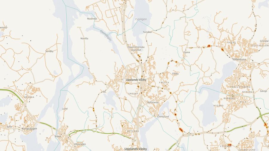 Viltolyckornas fördelning i Upplands Väsby kommun