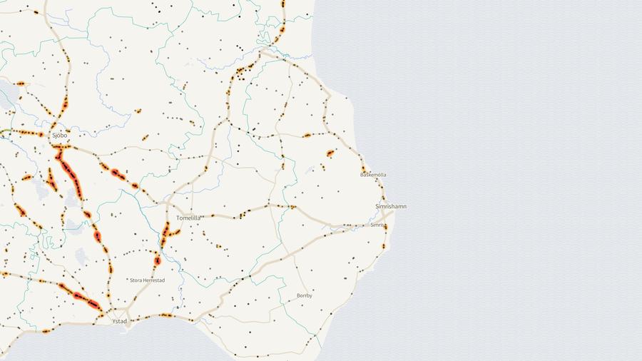 Viltolyckornas fördelning i Simrishamns kommun
