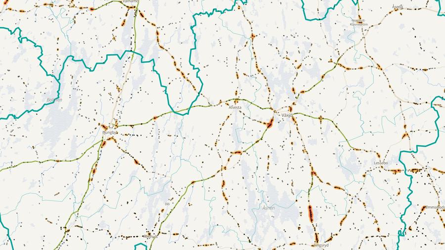 Viltolyckornas fördelning i Alvesta kommun