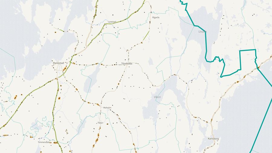 Viltolyckornas fördelning i Töreboda kommun