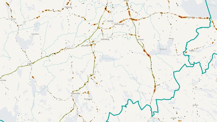 Viltolyckornas fördelning i Hallsbergs kommun