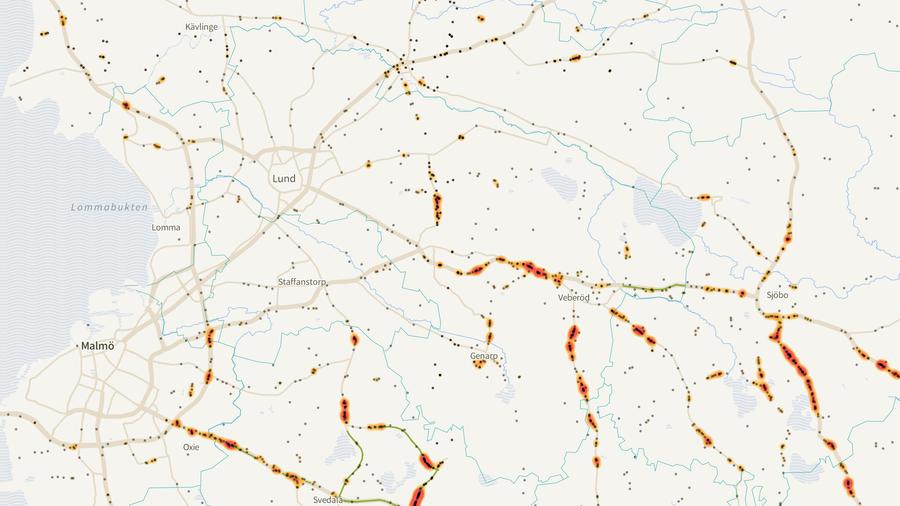 Viltolyckornas fördelning i Lunds kommun