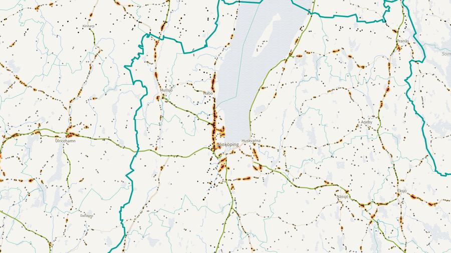 Viltolyckornas fördelning i Jönköpings kommun