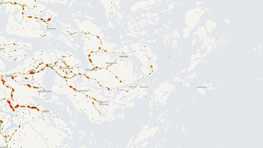 Viltolyckornas fördelning i Värmdö kommun