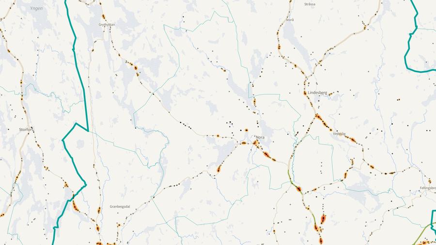 Viltolyckornas fördelning i Nora kommun