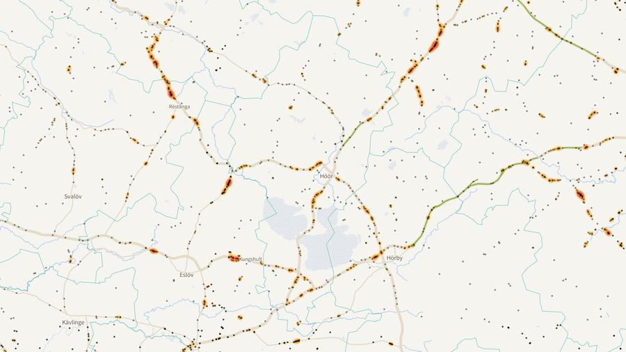 Viltolyckornas fördelning i Höörs kommun