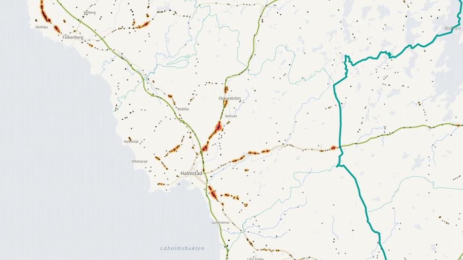 Viltolyckornas fördelning i Halmstads kommun
