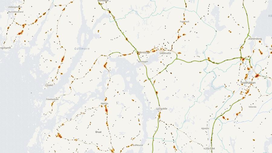 Viltolyckornas fördelning i Uddevalla kommun