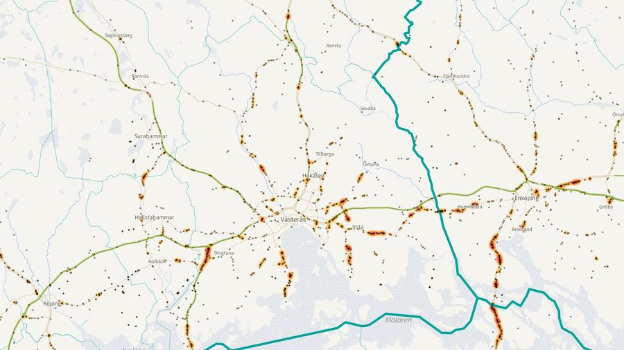 Viltolyckornas fördelning i Västerås kommun