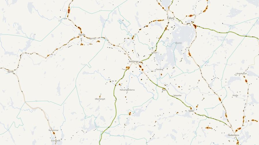Viltolyckornas fördelning i Borlänge kommun