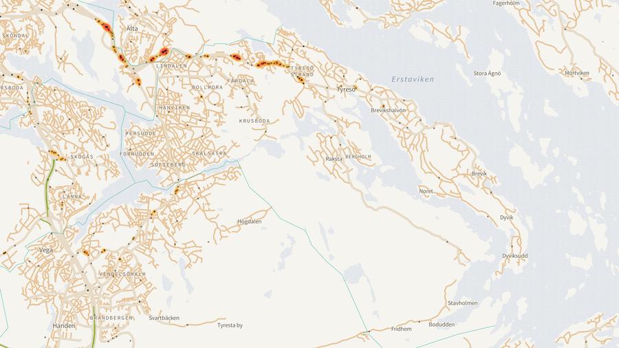 Viltolyckornas fördelning i Tyresö kommun