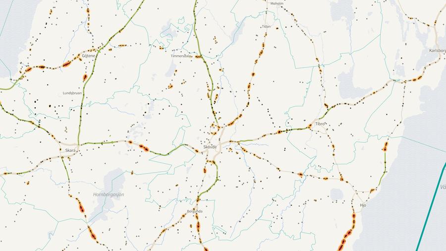 Viltolyckornas fördelning i Skövde kommun