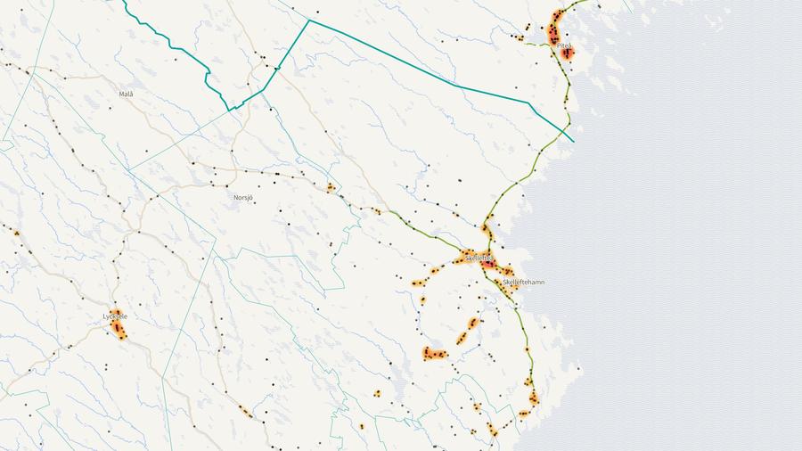 Viltolyckornas fördelning i Skellefteå kommun