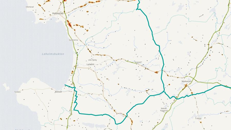 Viltolyckornas fördelning i Laholms kommun