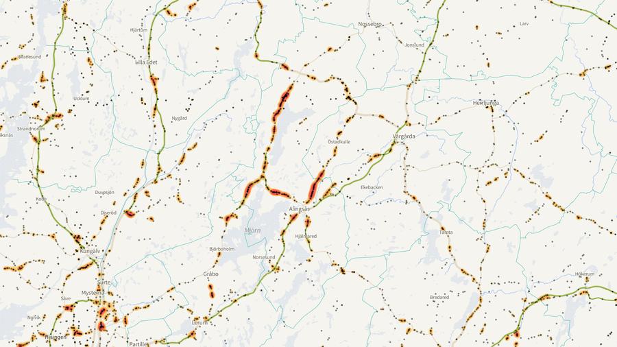 Viltolyckornas fördelning i Alingsås kommun