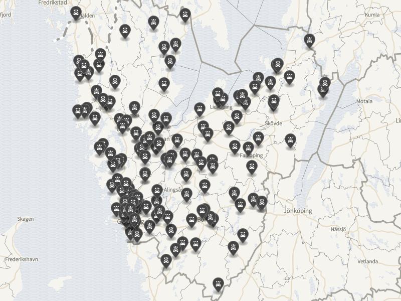 Punktkarta över olyckor i länet