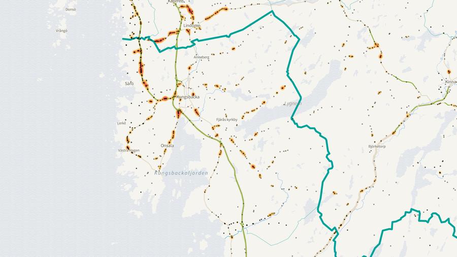 Viltolyckornas fördelning i Kungsbacka kommun