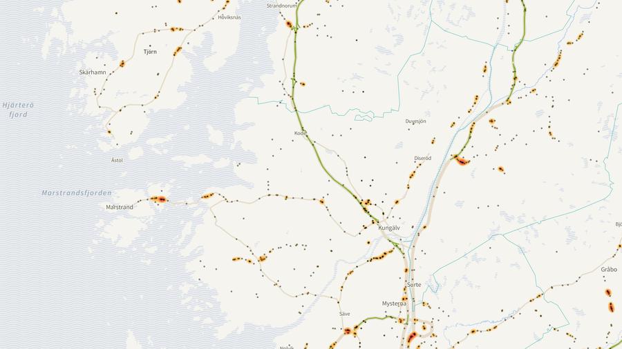 Viltolyckornas fördelning i Kungälvs kommun